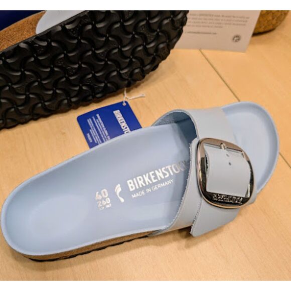 Birkenstock Madrid Big Buckle Baby Blue Natural Leather Patent Sandals EU 40 NIB - Picture 10 of 13